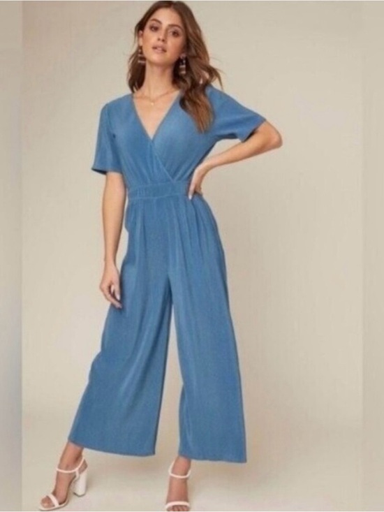 Astr Pants - ASTR Dusty Blue V-Neck Wide-Leg Jumpsuit